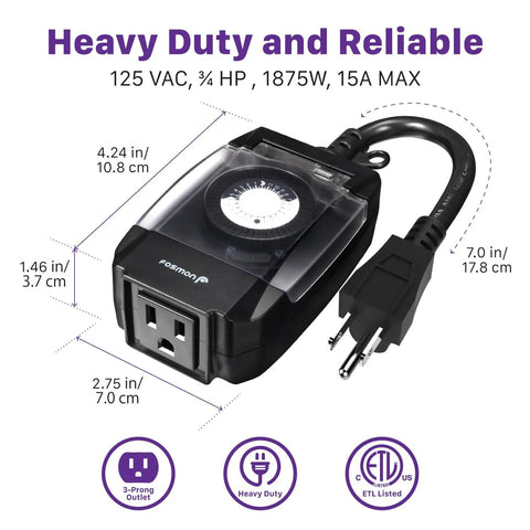 Outdoor Light Timer Outlet Waterproof 24 Hour Mechanical Plug In Weatherproof 3 Prong Grounded Heavy Duty 15 Amp