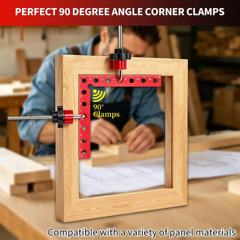 Corner Clamp Set For Woodworking 8 Piece Aluminum Alloy 90 Degree Right Angle Clamps With 5.5 Inch And 3.14 Inch Squares Includes Storage Box For Cabinets Frames And Drawers. Red 90° clamp holding a wooden frame