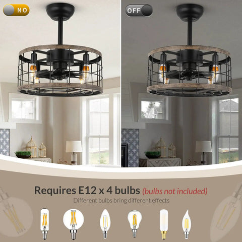 Small 18 Inch Caged Ceiling Fan With Lights And Remote Control Industrial Rustic Farmhouse Enclosed Bladeless Ceiling Fan For Bedroom Kitchen Living Room Black, shown with bulbs on and off in living room setting.