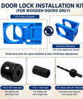Door lock installation kit components, guide template, hole saws, and pilot drill suitable for wooden doors. All In One Door Prep System With Adjustable Hinge Jig And Lock Installation Kit For DIY Folks, Aluminum Router Template That Aces Your Cuts On 2.5 To 5 Inch Doors Without Breaking A Sweat With Hex Wrenches.