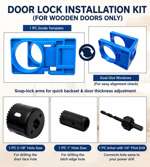 Door lock installation kit components, guide template, hole saws, and pilot drill suitable for wooden doors. All In One Door Prep System With Adjustable Hinge Jig And Lock Installation Kit For DIY Folks, Aluminum Router Template That Aces Your Cuts On 2.5 To 5 Inch Doors Without Breaking A Sweat With Hex Wrenches.