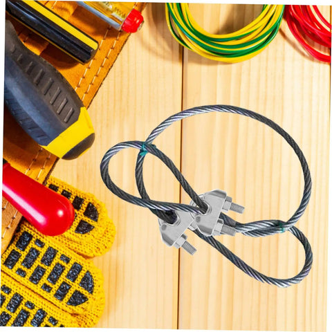 Heavy Duty Stainless Steel Wire Rope Cable Clamp U Bolt Fastener For 6mm Line with wire ropes, tools, and gloves on a wooden table.