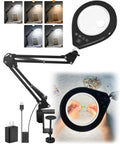 Illuminated 10X And 5X Magnifier With Dimmer Lamp, 10 Level Brightness, showing adjustable arm, color modes, and clamp design.