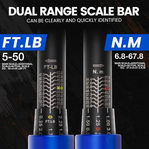 Close-up of dual scale bar on Three Eighth Inch Drive Click Torque Wrench With Five To Fifty Ft Lb Range And 6.8 To 67.8 Nm Accuracy Of About Three Percent Loud Click And Dual Scale 72 Tooth Mini Torque Wrench For Bike Motorcycle Car And Spark Plug Maintenance.