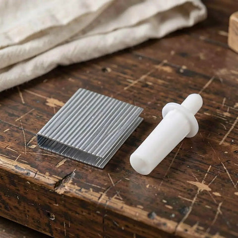 Top Shelf 30 Piece Window Shutter Repair Pin And Slat Clip Kit for Wood and Venetian Blinds, showing metal clips and white connector.