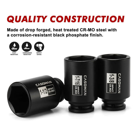 Three Casoman sockets from One Half Inch Drive Deep Spindle Axle Nut Impact Socket Set CrMo Six Point For One And Three Eighths To One And Three Quarters Inch Axles Extra Deep For Longer Fasteners Built For Impact Wrenches Seven Piece