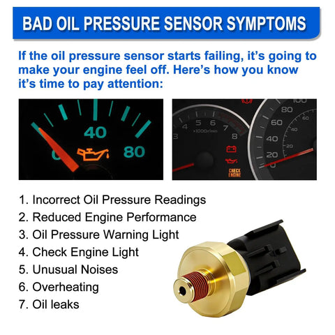 Bad oil pressure sensor symptoms infographic with sensor image, includes warning signs like incorrect readings and leaks