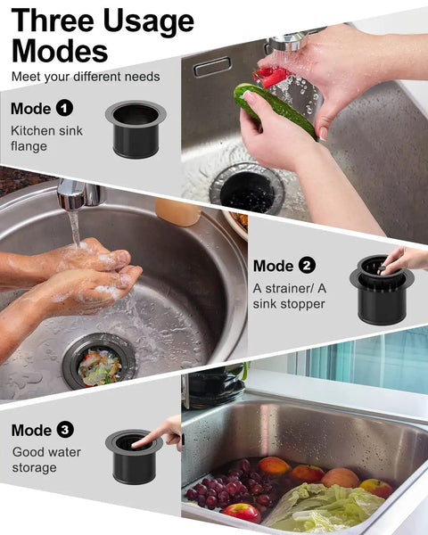 Three usage modes of the Extended Stainless Steel Garbage Disposal Basket Strainer With Flange For Standard 3.5 Inch Drain Holes Matte Black Deep Stopper 304 Stainless Steel Rustproof Durable Kitchen Sink Accessory