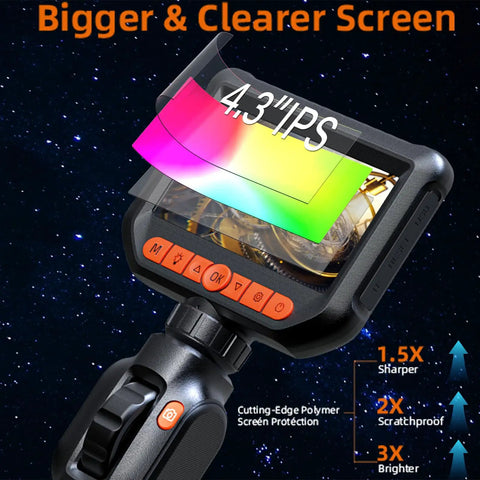 Two Way Articulating Borescope With 1080P HD Endoscope Camera revealing 4.3-inch IPS display with enhanced screen features.