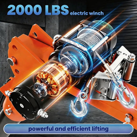 2000 LBS electric winch on Heavy Hitter 1100 Lbs Truck Mounted Crane, showcasing powerful and efficient lifting features.
