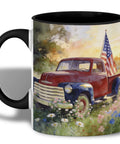 Vintage Americana 11oz Ceramic Coffee Mug With Red Pickup Truck And American Flag Illustration, Rustic Farmhouse Style Cup