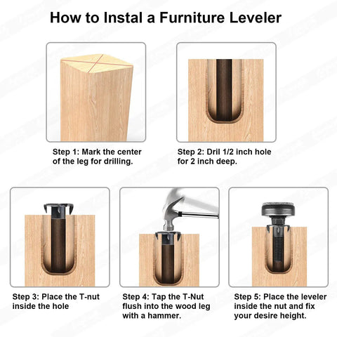 Installation steps for Heavy Duty Furniture Levelers Set 4 Pack Adjustable Leg Levelers With Beefy Base 1.75 Inch Steel Inserts 3/8-16 Thread