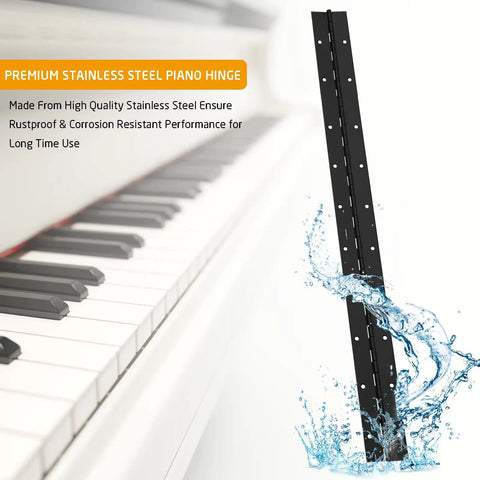 Heavy Duty Piano Hinges 20 Inch Long 2 Inch Open Width Black Stainless Steel With Holes next to piano keys