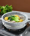 Korean Stone Bowl With Induction Base And Glass Lid, Thick Granite Bowl On Wood Base With Tray For Bibimbap, Soups, And Hot Pot