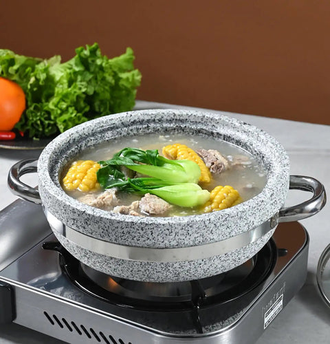 Korean Stone Bowl With Induction Base And Glass Lid, Thick Granite Bowl On Wood Base With Tray For Bibimbap, Soups, And Hot Pot
