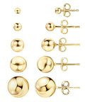 18K Gold Plated Ball Stud Earrings Set, 5 Piece, Sizes 3mm To 10mm, High Polish Finish, Tarnish Resistant, Comfortable Everyday Wear To Any Outfit, Dope Sparkle Gold Tone Jewelry Gift, shown front and side