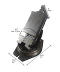 Six Inch Tilt And Swivel Milling Machine Vise Heavy Duty Cast Iron Base shown with dimensions and adjustable features.