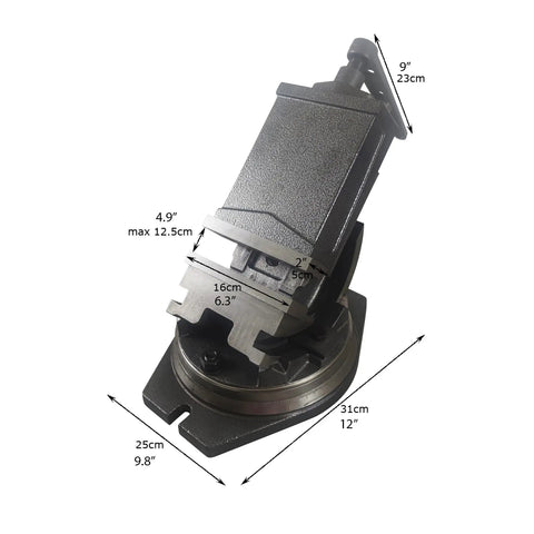 Six Inch Tilt And Swivel Milling Machine Vise Heavy Duty Cast Iron Base shown with dimensions and adjustable features.