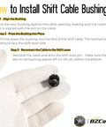 Gloved hand holding bushing, steps to install Gear Shift Cable Bushing Repair Kit With Install Tool For Transmission Shifter Cables