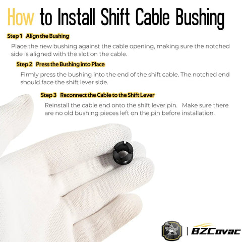 Gloved hand holding bushing, steps to install Gear Shift Cable Bushing Repair Kit With Install Tool For Transmission Shifter Cables