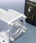 Metallic silver Bemonoc 6W reversible 110V AC motor with gearbox and speed controller front view