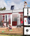 Solar Powered Indoor Outdoor Lights With Remote Control Ceiling Pendant for shed, garage, barn, camping; solar panel on roof.