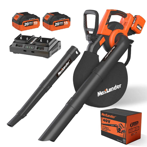 Cordless Leaf Blower Vacuum Mulcher 3 In 1 with bag, 40V power, two 4.0Ah batteries, charger, and accessories, black and orange.