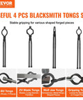 Heavy Duty Blacksmith Tongs Set With Four Jaw Styles V Bit Bolt Wolf Jaw Z V Bit And Gripping Tongs for metalwork