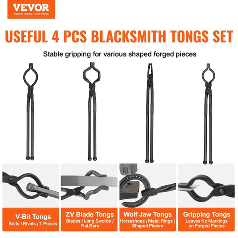 Heavy Duty Blacksmith Tongs Set With Four Jaw Styles V Bit Bolt Wolf Jaw Z V Bit And Gripping Tongs for metalwork