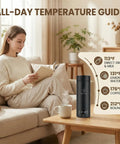 Slick Compact Travel Electric Kettle One Twenty Volt With Adjustable Temp Settings Fast Boil Portable Hot Water Maker For Daily Grind College Dorm Or Weekend Rides next to a woman reading on a couch.