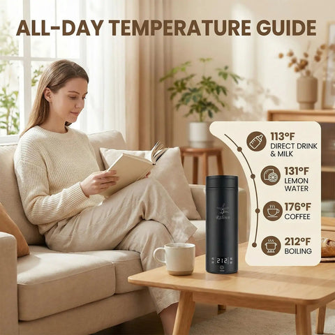 Slick Compact Travel Electric Kettle One Twenty Volt With Adjustable Temp Settings Fast Boil Portable Hot Water Maker For Daily Grind College Dorm Or Weekend Rides next to a woman reading on a couch.