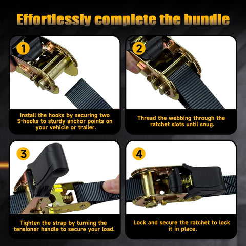 Four Pack Ratchet Straps 15 Feet 1800 LB Break Strength Heavy Duty Retracting Tie Down Straps Set For Truck Motorcycle ATV UTV Cargo Trailers No Fuss Hauling In Any Weather, installation steps shown.