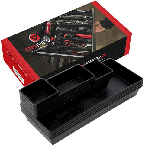 Extra Large Tool Box Organizer Tray Set 12 Piece Divider Kit with non-slip trays in 4 sizes for rolling tool chest drawers.