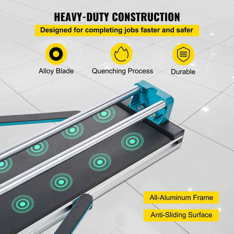 Manual 48-inch tile cutter with aluminum frame and turquoise end clamp for porcelain and tile cutting