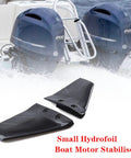 Outboard Hydrofoil Stabilizer Kit For 4-50HP Boats With ABS Black Finish, shows kit in front of dual outboard motors on a boat.
