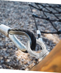 Beefy Heavy Duty Stainless Steel Swing Hardware Kit With Eye Bolts And Fixed Installation Buckles For Hammocks And Swings High Load Capacity With Quick Setup Screws And Bolts close-up on swing eye bolt and ring connector