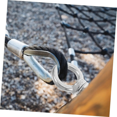Beefy Heavy Duty Stainless Steel Swing Hardware Kit With Eye Bolts And Fixed Installation Buckles For Hammocks And Swings High Load Capacity With Quick Setup Screws And Bolts close-up on swing eye bolt and ring connector