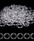 100 Pack Clear Plastic Roman Blind Curtain Rings Slick O Ring Clip Loops Heavy Duty Transparent Window Treatment Hardware scattered on black.