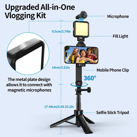 Vlogging Kit for iPhone and Android, 31 Inch Selfie Stick Tripod With LED Light, Microphone, Remote, Carry Case, YouTube Starter Kit