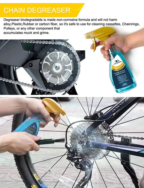 Application of chain degreaser from 7 Piece Bike Cleaning Kit With Degreaser 10 Oz And Wet Lube 2 Oz, Chain Scrubber And Brush