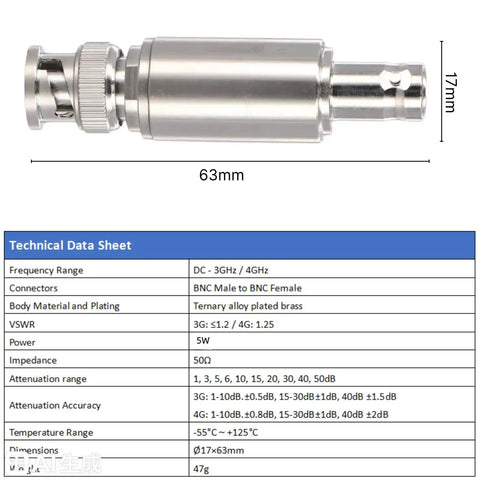 40 dB BNC Attenuator For Ham Radio And UHF Antennas 5W Power Handling Coax RF Attenuator with technical data sheet