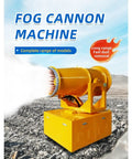 Get The Dust Under Control With This Heavy Duty Mobile Fog Cannon Sprayer. Yellow fog cannon machine emitting water mist on dusty ground.