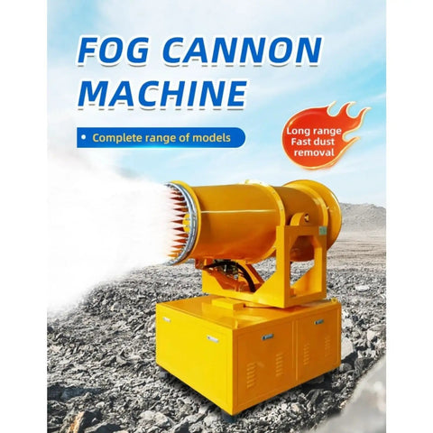 Get The Dust Under Control With This Heavy Duty Mobile Fog Cannon Sprayer. Yellow fog cannon machine emitting water mist on dusty ground.
