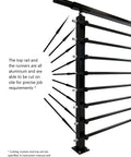 Top Shelf Horizontal Steel Railing Banister Kit 17 Point 5 Ft Hella Adjustable Guard System image showing aluminum top rail with black runners.