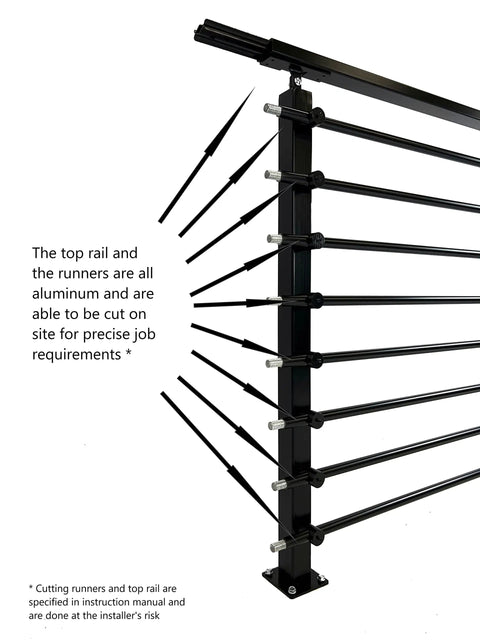Top Shelf Horizontal Steel Railing Banister Kit 17 Point 5 Ft Hella Adjustable Guard System image showing aluminum top rail with black runners.