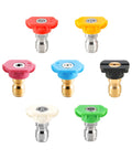 Pressure Washer Nozzle Tips Kit Seven Pack With One Quarter Inch Quick Connect For Power Washers Two Point Five GPM Includes 0 Degree 15 Degree 25 Degree 40 Degree 65 Degree Nozzles Rinse And Soap Modes