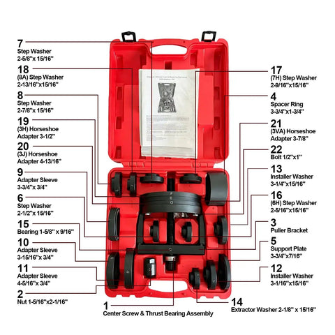 All In One Wheel Hub Tool Set For Front And Rear Hubs And Bearings Removal And Installation No Shop Press Needed Pro Grade DIY Friendly Home Mechanic Essential in red case with labeled parts