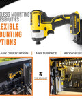 Beefy 20V Tool Holder Wall Mount Organizer For Drill Tools Holds Up To 8 Mounts Includes Screws Ultra Strong Glass Fiber Reinforced Polymer Build Made In North America Dewalt Compatible Drill Holder displayed with drills on wall.