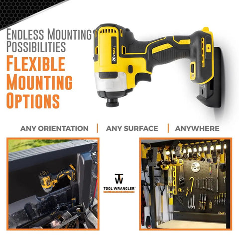 Beefy 20V Tool Holder Wall Mount Organizer For Drill Tools Holds Up To 8 Mounts Includes Screws Ultra Strong Glass Fiber Reinforced Polymer Build Made In North America Dewalt Compatible Drill Holder displayed with drills on wall.