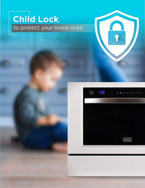No Sweat Countertop Dishwasher Featuring Seven Heavy Duty Cycles And Certified Energy Star Efficiency For Quick Clean Rounds And Studio Apartment Layouts In Crisp White with child lock feature.